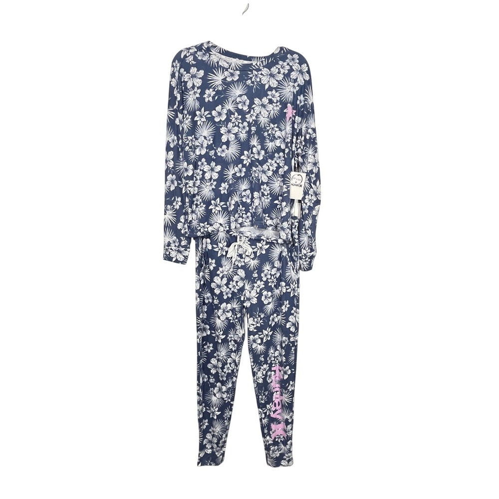 Hurley Pajama Set Women Large Blue Aloha Stencil Floral Long Sleeve‎ Joggers